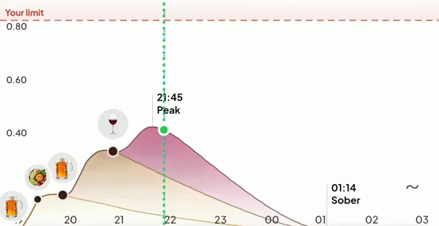 The BAC curve with drink markers, the peak at 21:45, and sober at 01:14