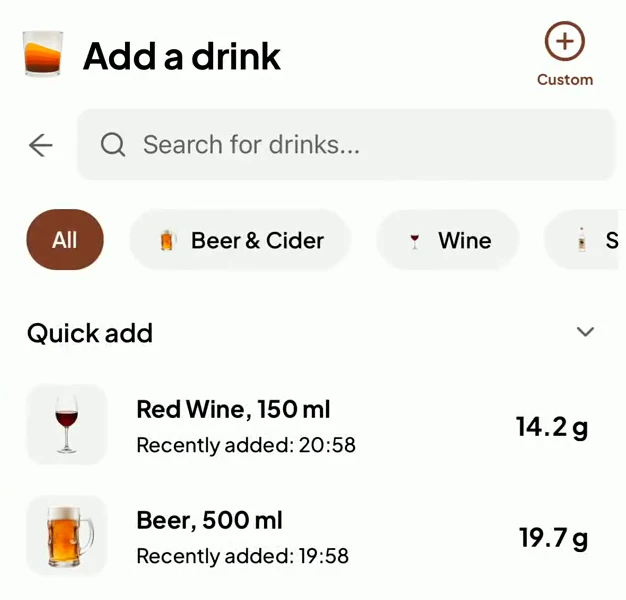 The add-drink sheet: search, categories, and quick add